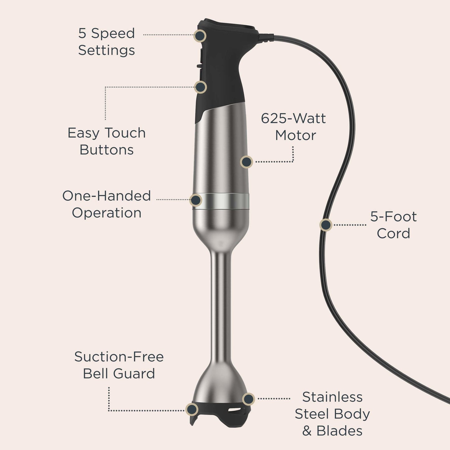 Vitamix 5-Speed Immersion Blender, Professional-Grade Hand Blender with 625-Watt Motor and Stainless-Steel Blade, Stainless Steel/White