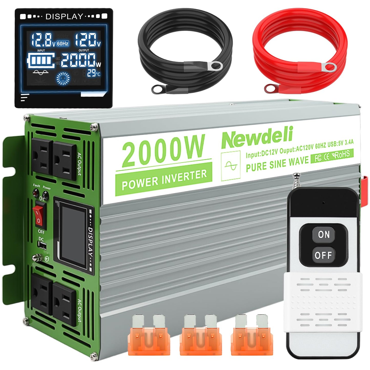 Newdeli 2000 Watt Power Inverter 12V DC to 110V 120V AC Pure Sine Wave Inverter with LCD Display, Remote Controller, 4 AC Outlets and 5V 3.4A USB Port for Vehicles Car Truck RV Solar System Camping