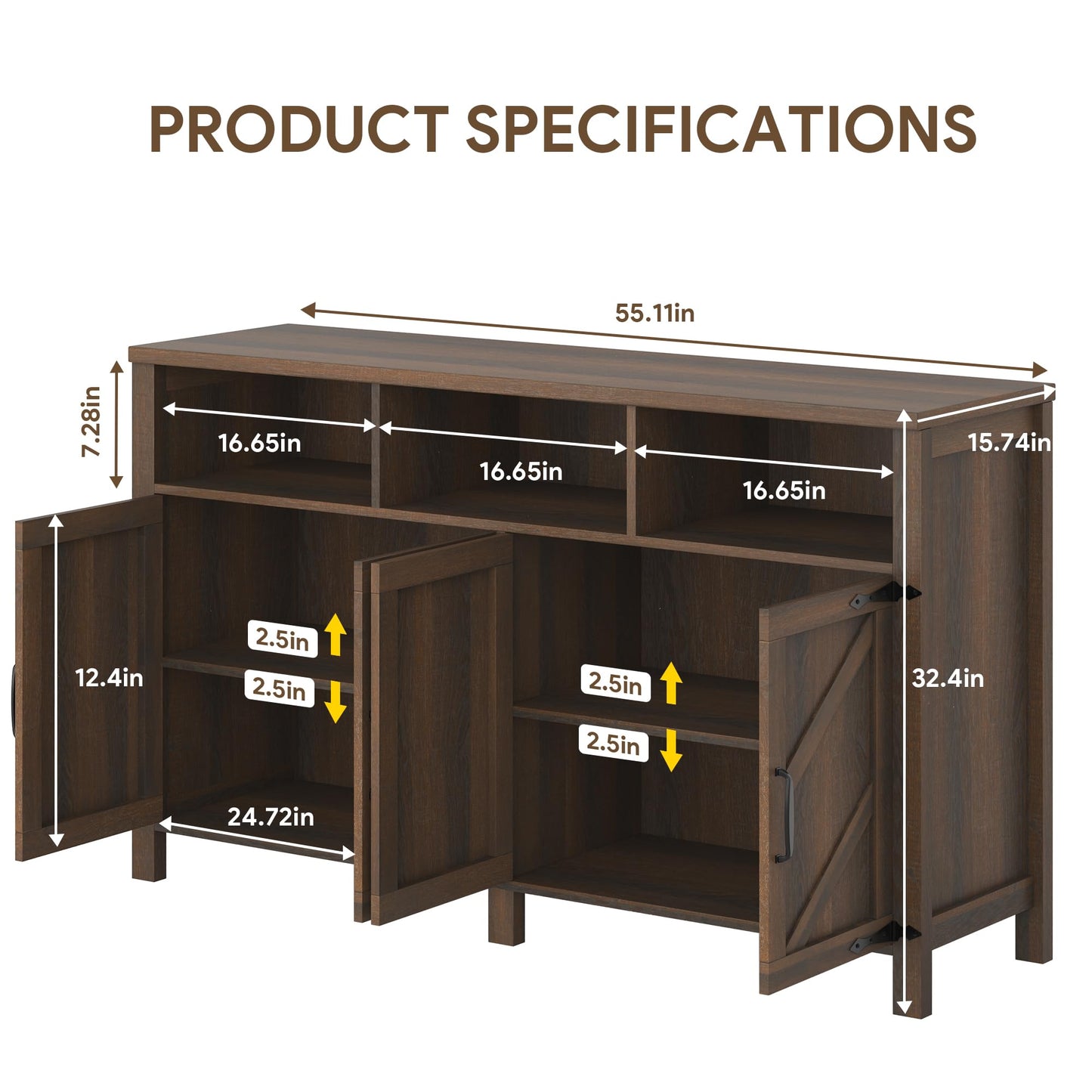 knoworld Buffet Sideboard with Storage Farmhouse with 4 Doors, 55'' Large Kitchen Storage Cabinet Wood Coffee Bar Cabinet Buffet Table with Shelves for Kitchen, Dining Room, Entryway (Brown, 55in)