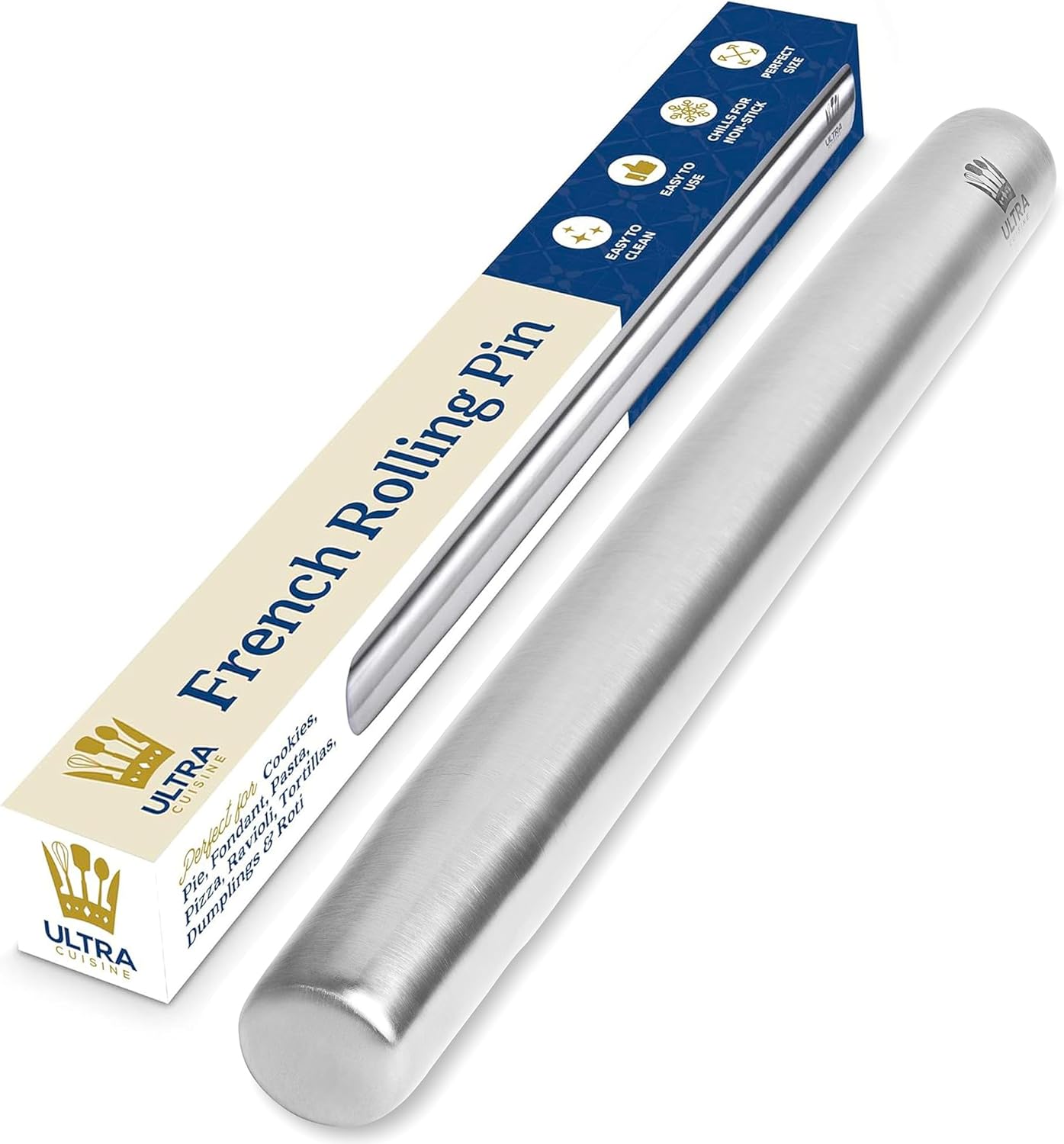 Ultra Cuisine French Rolling Pin - Tapered Design for Baking Pizza, Cookies & Pastry Dough | 15.75-Inch Stainless Steel