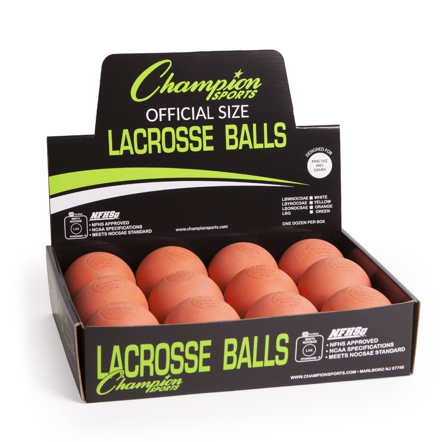 Champion Sports Low Bounce Lacrosse Balls – Official Size for Practice & Training & Indoor Play, NCAA, NHFS Certified, 12-Pack, Orange