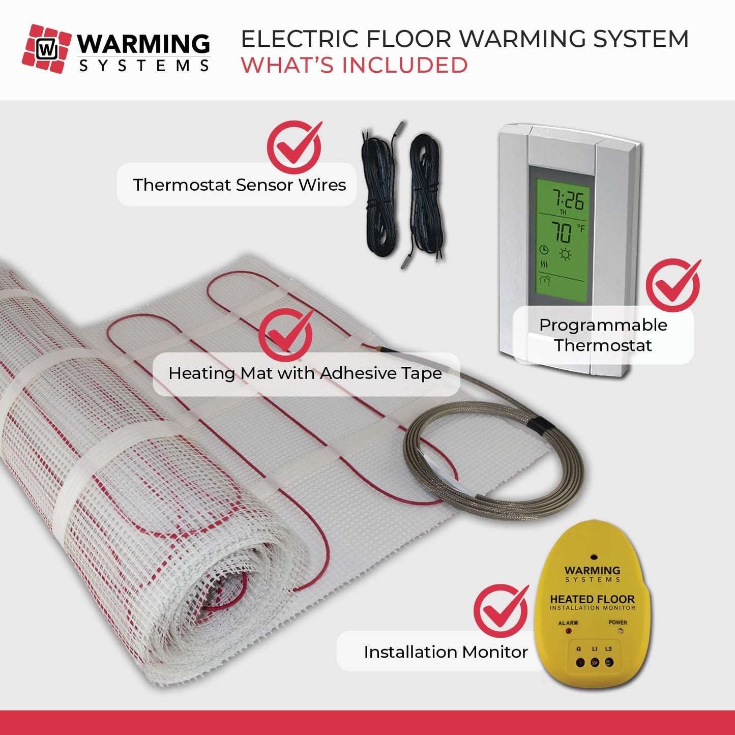 Warming Systems - 15 Sqft 120V Electric Radiant Floor Heating Mat – Includes Heating Mat, Programmable Thermostat, Thermostat Floor Sensor, Installation Monitor and Under Tile Heater