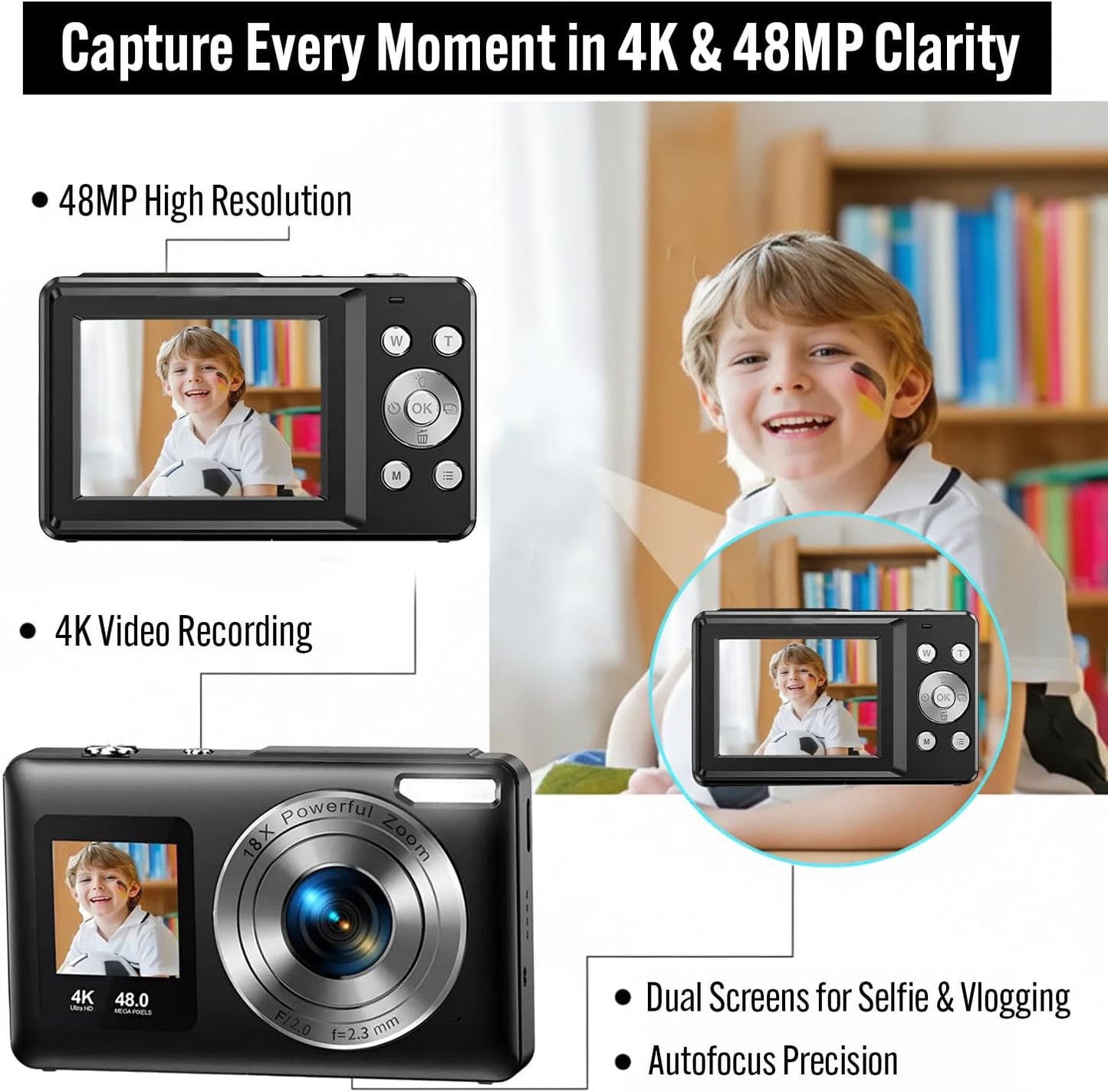 DILTEX 4K 48MP 18X 32GB Digital Camera for Teens with Autofocus and Dual Screen for Selfies Zoom, Built-In Fill Light