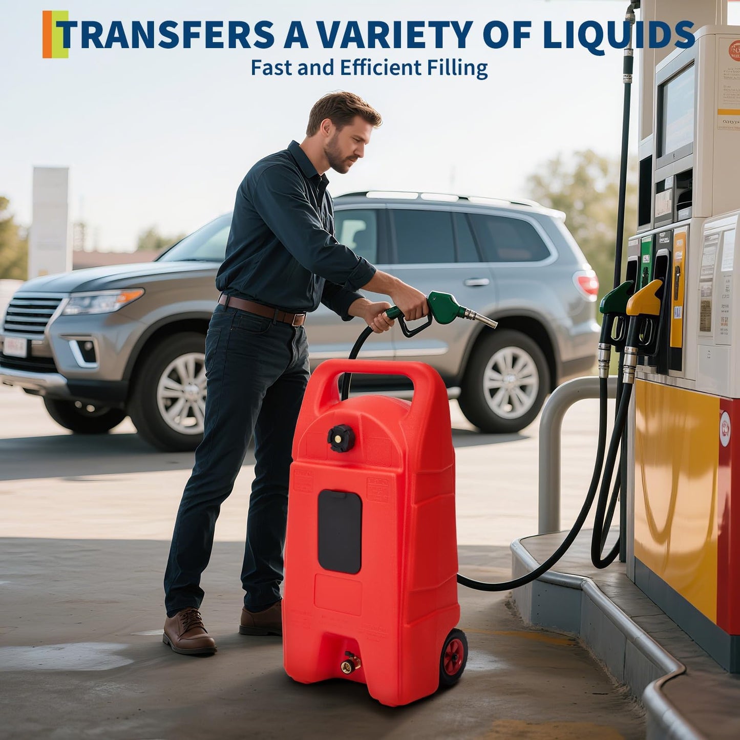 PeacefulHues Upgraded 15 Gallon Gas Tank, Heavy-Duty Fuel Can with Manual Transfer Pump & 10FT Hose, Portable Gas Can with Casters, Leak-Proof Gas Container for Lawn Mowers, Tractor, Boat, Snow Blow