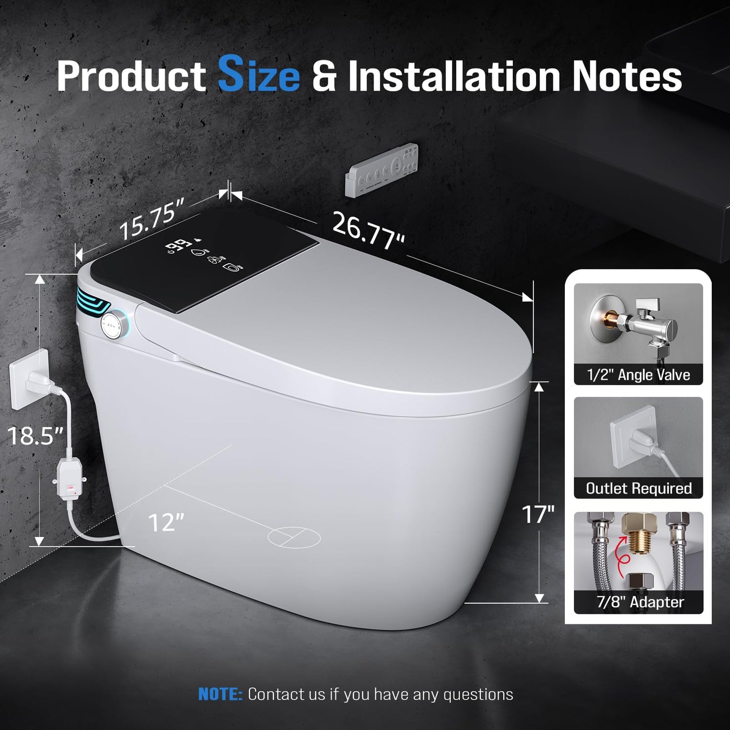 Loniko Smart Toilet with Bidet Built-In, Tankless Powerful Dual Flush, Auto Open/Close & Auto Flush, Elongated Heated Seat, Instant Warm Water & Dryer, LED Night Light & Temp Display