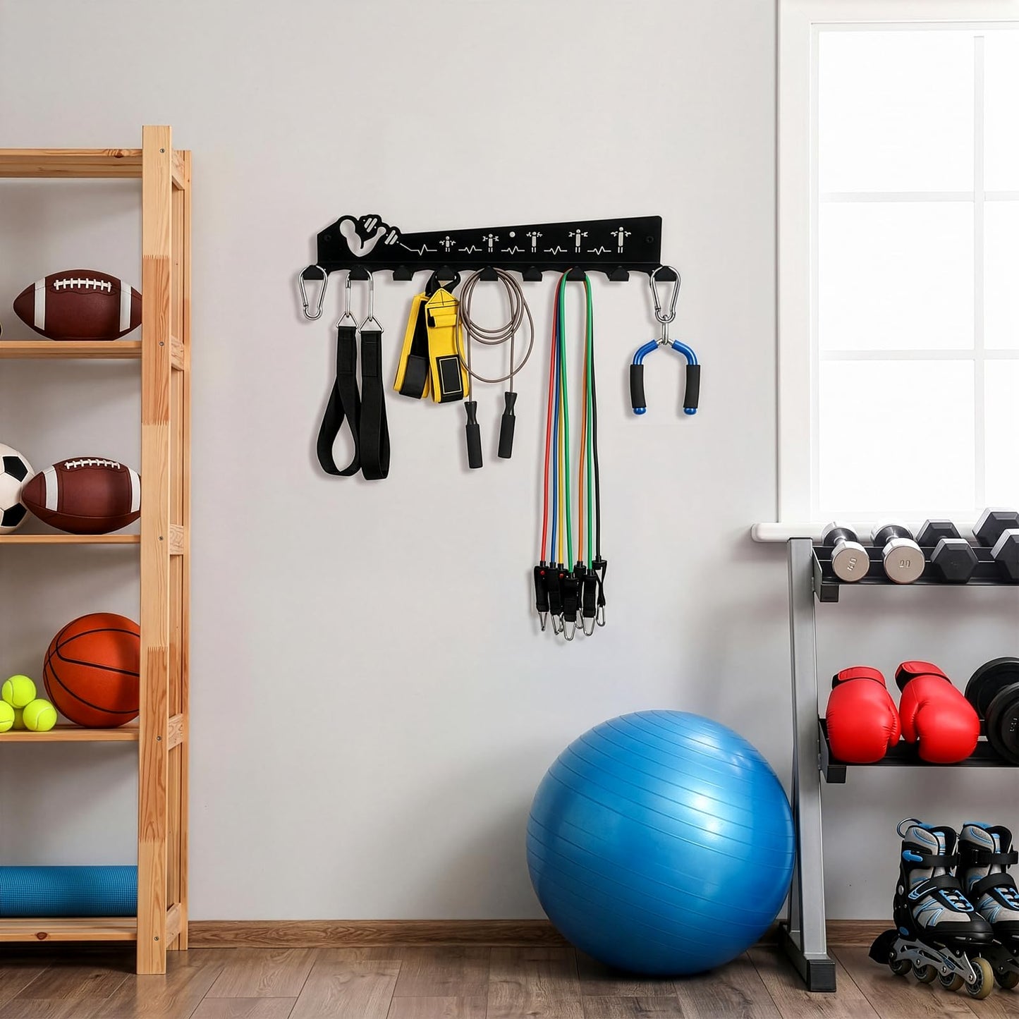 DEAYOU Home Gym Storage Rack Wall Mount, 9 Hook Gym Accessories Organization, Multi-Purpose Gym Equipment Hanger for Barbells, Resistance Bands, Jump Ropes, Lifting Belt, Row Handles, 16.5"