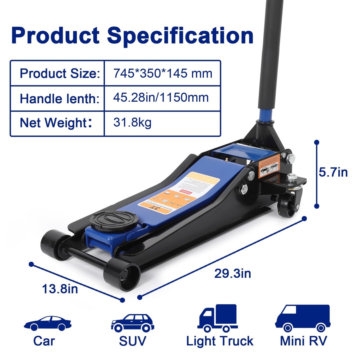 Garvee 3 Ton Low Profile Floor Jack, Hydraulic Car Jack with Dual Pump Quick Lift Technology, 3" to 19.5" Wide Lifting Range, 6600Lbs Heavy Duty Carbon Steel Floor Jack for Car, SUV, Truck, Blue