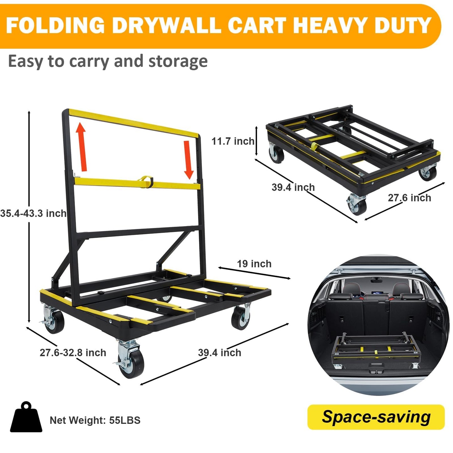 MilleLoom Folding Drywall Cart Heavy Duty,Drywall Dolly Load 2200 lbs Capacity,Panel Casters with Extended Large Deck,Panel Dolly Handling Plywood Sheetrock Glass and Windows Service Truck
