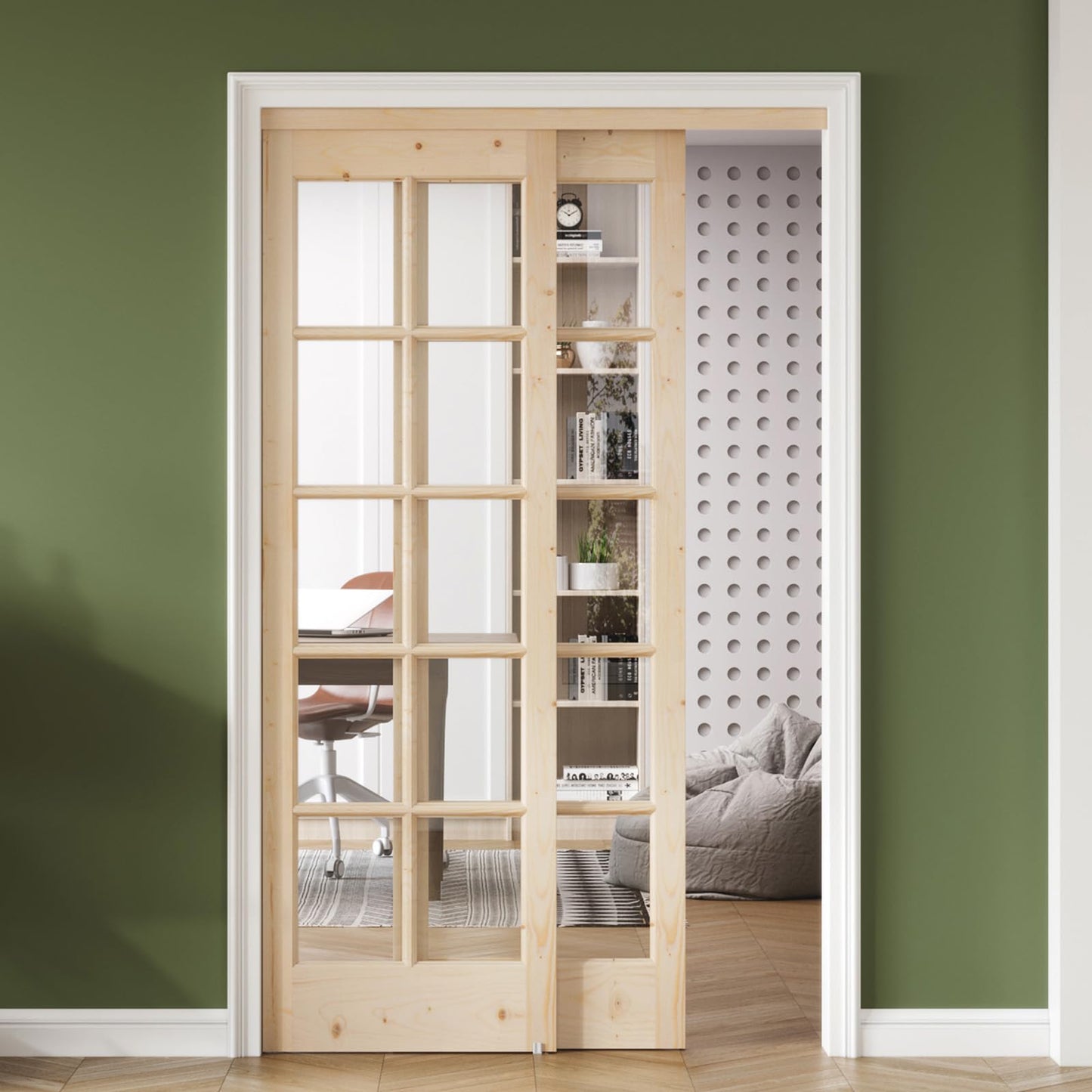 Easelife Preassembled Sliding Closet Door 48in x 80in (Double 25in), Spruce Wood Barn Door Slab with Bypass Hardware Track Kit, Tempered Clear Glass, Fit Interior Pantry Kitchen