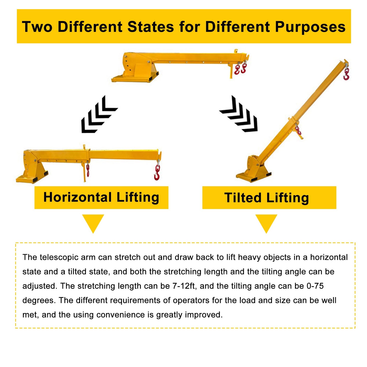 HayWHNKN 3T Forklift Telescopic Jib Boom Forklift Mobile Crane with 0-75° Adjustable Tilt Angle, 7-12ft Extension, 2 Hooks, Heavy-Duty Lifting Hoist Towing Handling for Warehouse Construction Factory