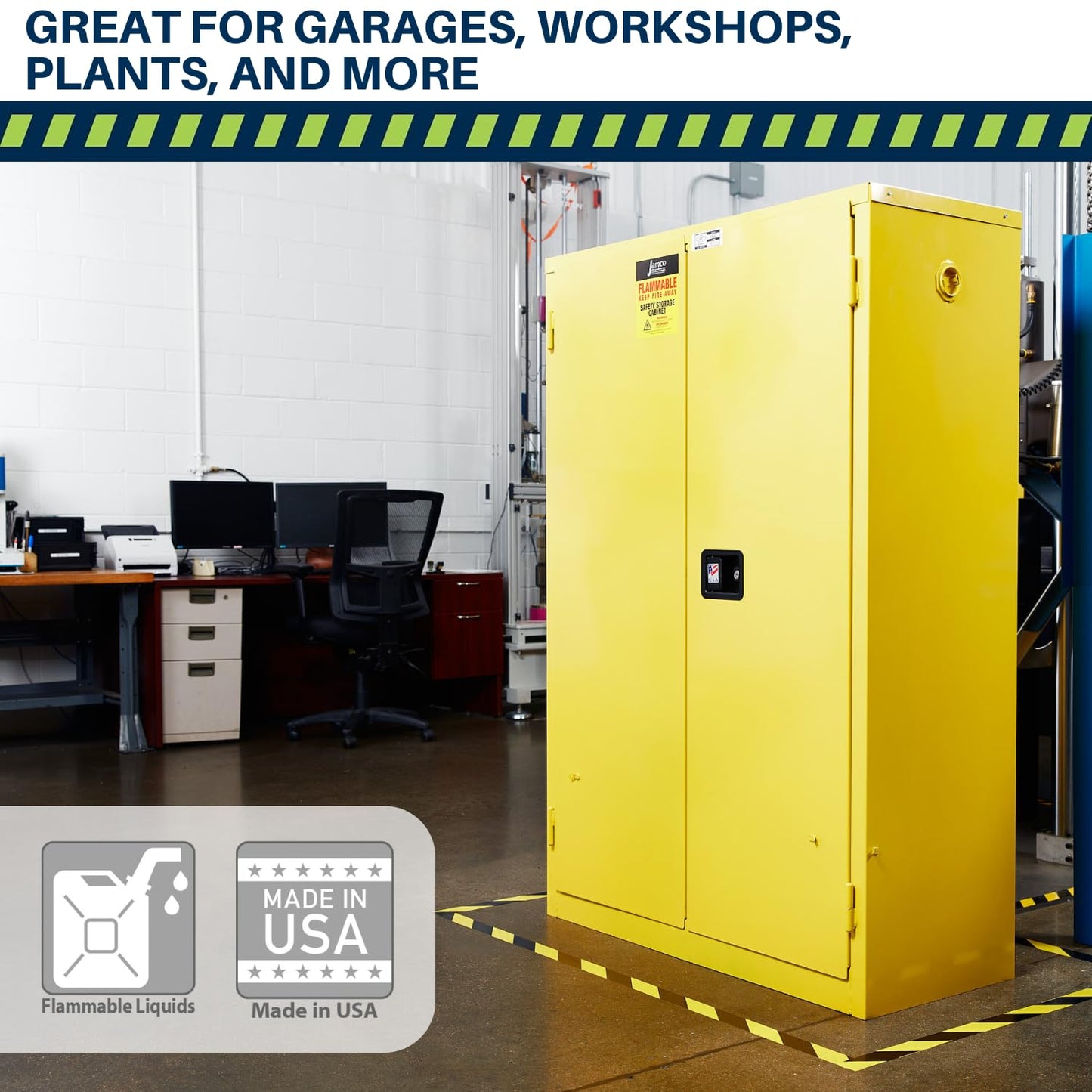 Jamco 45 Gallon Flammable Safety Cabinet, Steel Flammable Storage Cabinet with Lockable Manual Closing Doors, Non Forkliftable, 43" x 18" x 65", Yellow