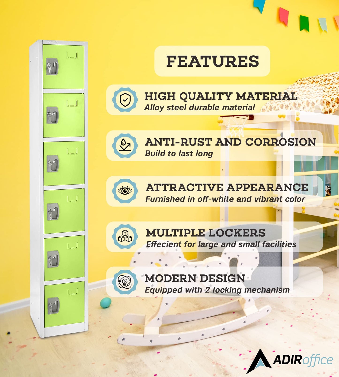AdirOffice Large School Locker with 6 Doors 6 Hooks Storage Locker for Garage Storage - Office Storage Lockers (6 Door, Green)