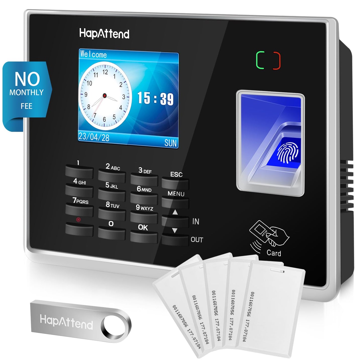 HapAttend Time Clocks Bundle with 15 RFID Cards, 0 Monthly Fees Standalone Biometric Time Attendance Punch Machine with Fingerprint, RFID and PIN - H2