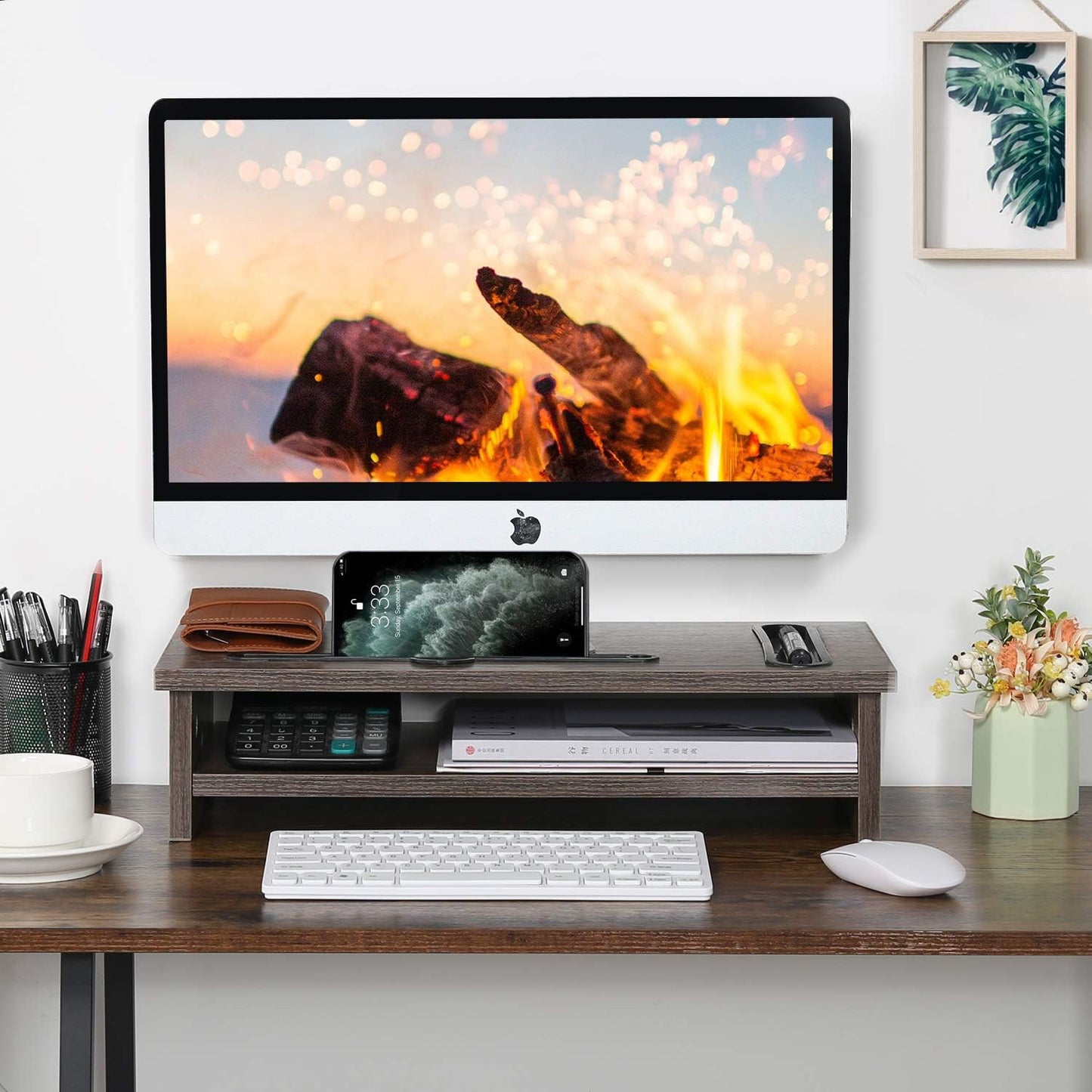 Management,2 VECELO Wood Computer Monitor Stand Riser,TV/Laptop/Printer/PC Desk Shelf with Cellphone Holder and Cable
