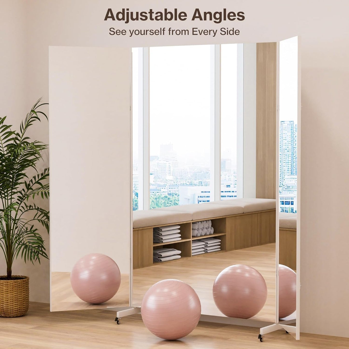 Full Length Stand Up Mirror on Wheels,63''×67'',Large Tri-Fold Floor Mirror with Stand,Movable 3-Way Full Length Standing Mirror for Gym, Dance Studio, Fitness Room, and Home (Silver)