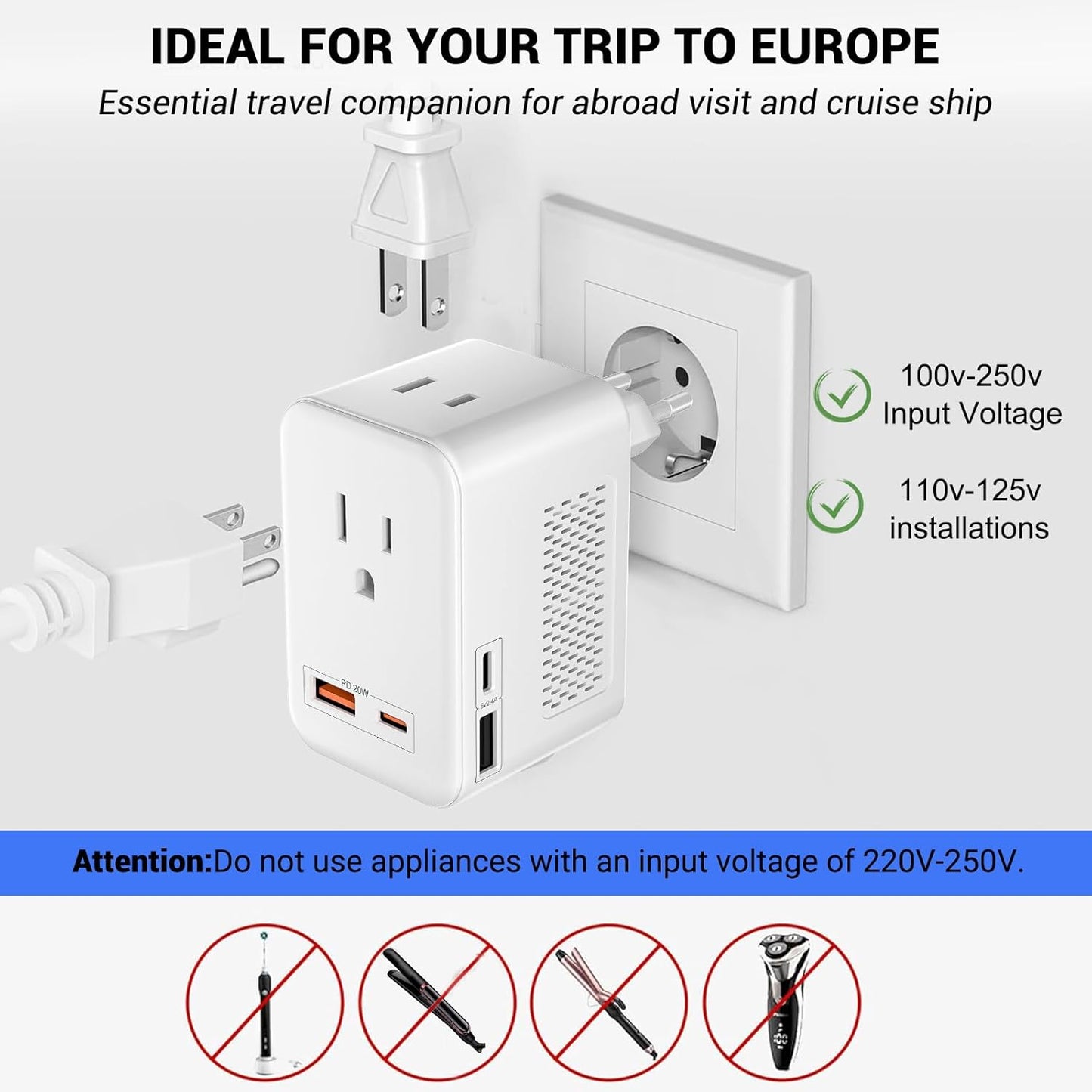 SARQW 220V 110V 2 2 20 2 to Voltage Conversion Plug Adapter for Traveling from USA to Europe with USB and USBC Ports PD