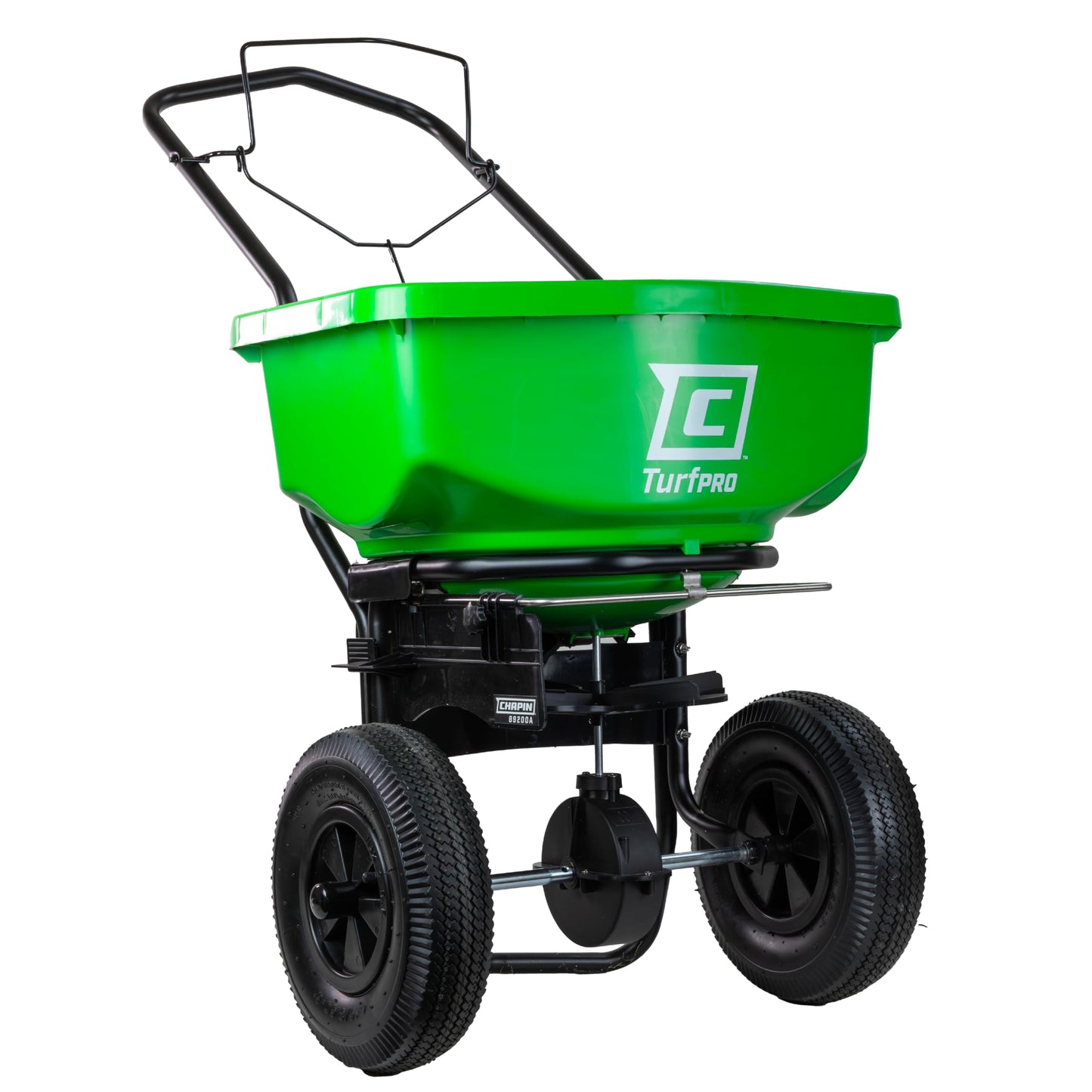 Chapin 89200A Spreader, Lawn and Garden, 80Lbs, All Season, TurfPro, Broadcast, Push, Walk Behind, 12" Tires, Weather-Proof, Poly Hopper, Pull-Bar Lever with 30 Setting Gate, Fertilizer and Seeds