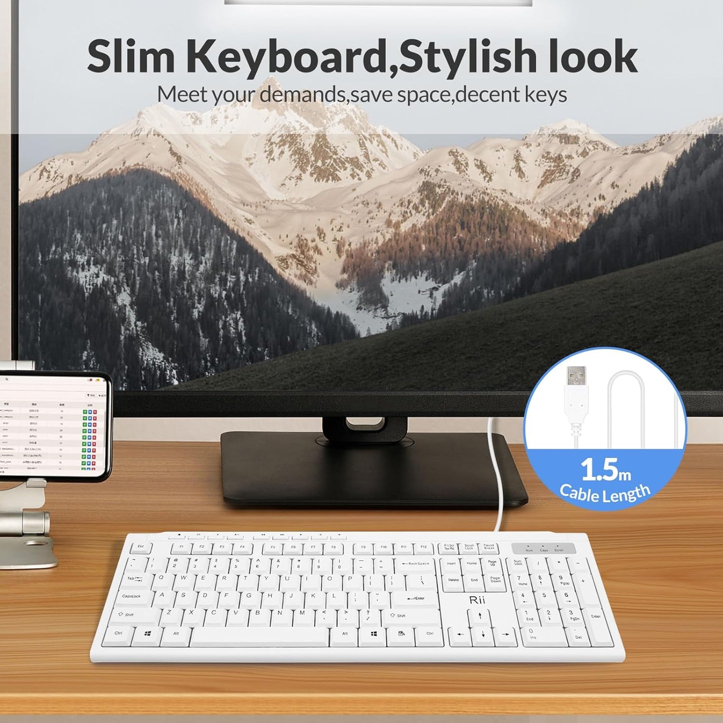 Rii RK907 10/8 7 Ultra-Slim Compact USB Wired Keyboard for Mac and PC,Windows / / Vista/XP(White)