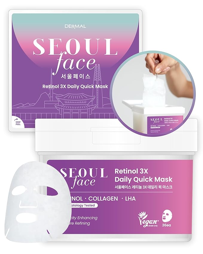 DERMAL Seoul Face Retinol 3X Daily Quick Mask 36 Sheet ??Korean Skincare Vegan Tencel Facial Masks - Anti Aging, Wrinkle Improvement Mask Sheets with Collagen, LHA, Peptide