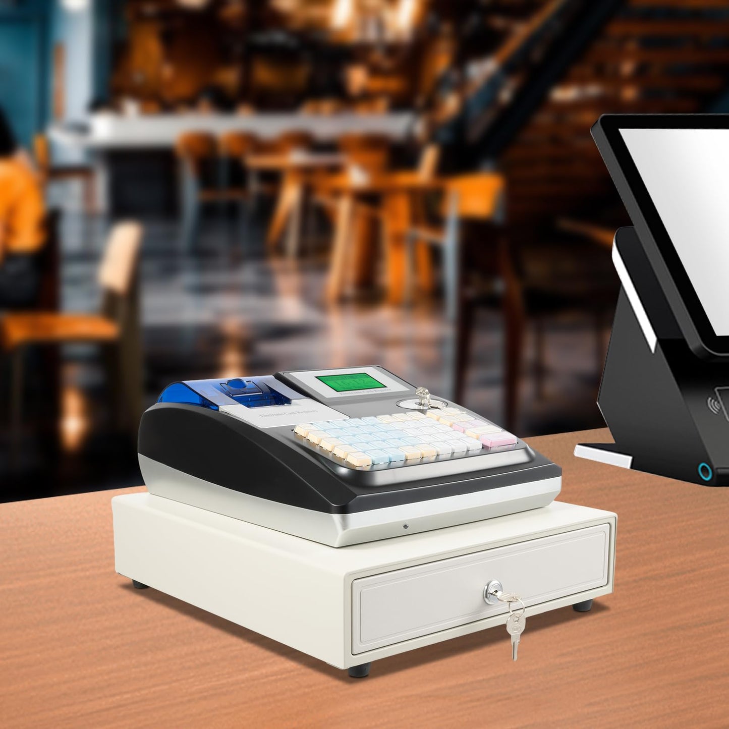 Electronic Cash Register Commercial Cash-Register with Thermal Print Head and 8-Digit LED Customer Screen 48 Keys Keyboard and Cash Drawer Register for Shops, Supermarkets, Restaurants (Black)