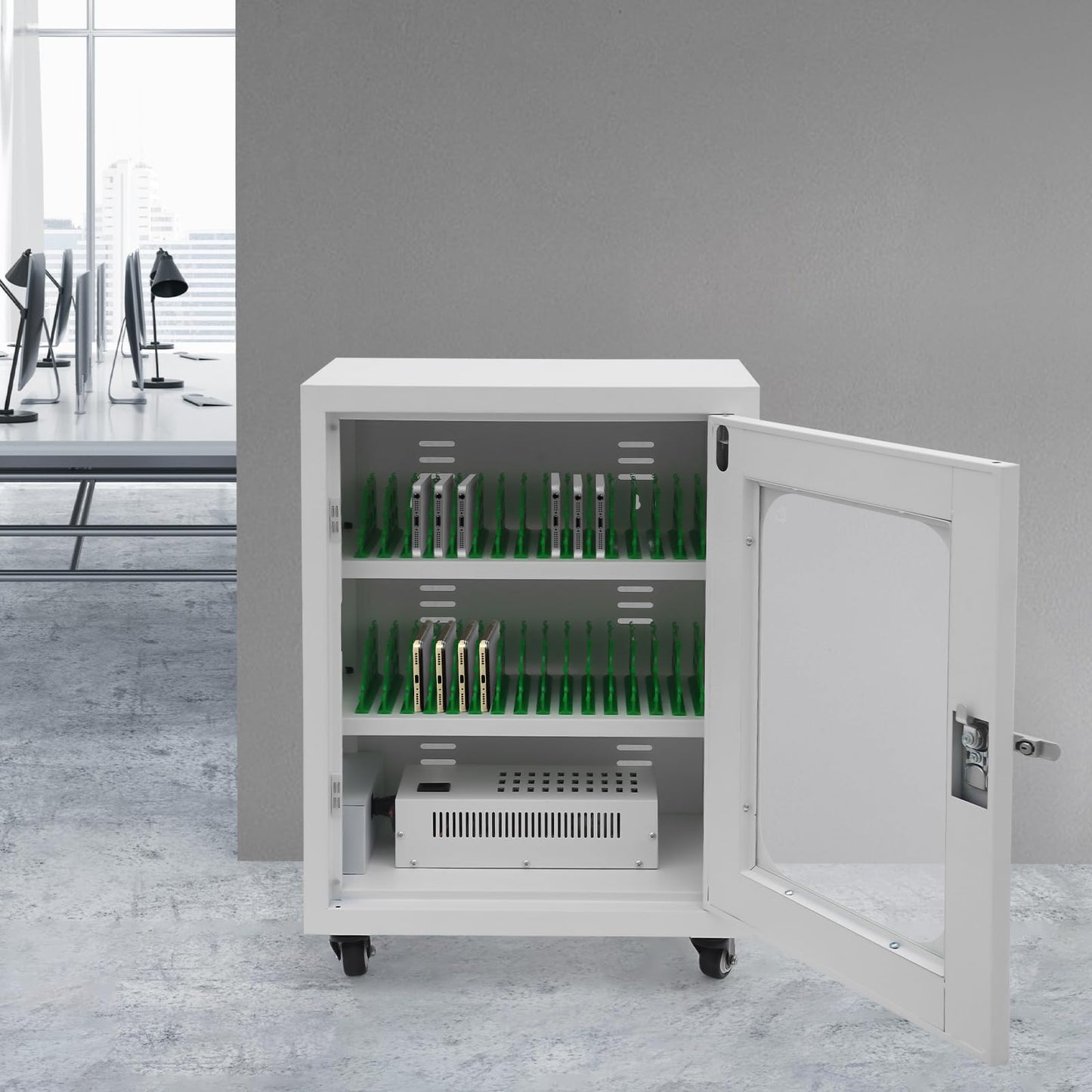 DYRABREST 30-Device Charging Station, Mobile Charging Cart with Lockable Tempered Glass Door, 300W 30-Port USB Charging Cabinet for Phones & Tablets, Secure Charging Locker for Schools, Offices