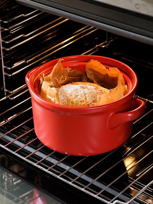 LE TAUCI 3 Quart Ceramic Dutch Oven - Lightweight & Non-Toxic | Oven & Microwave Safe, Chili Red Pot with Lid for Sourdough, Soup & Stew