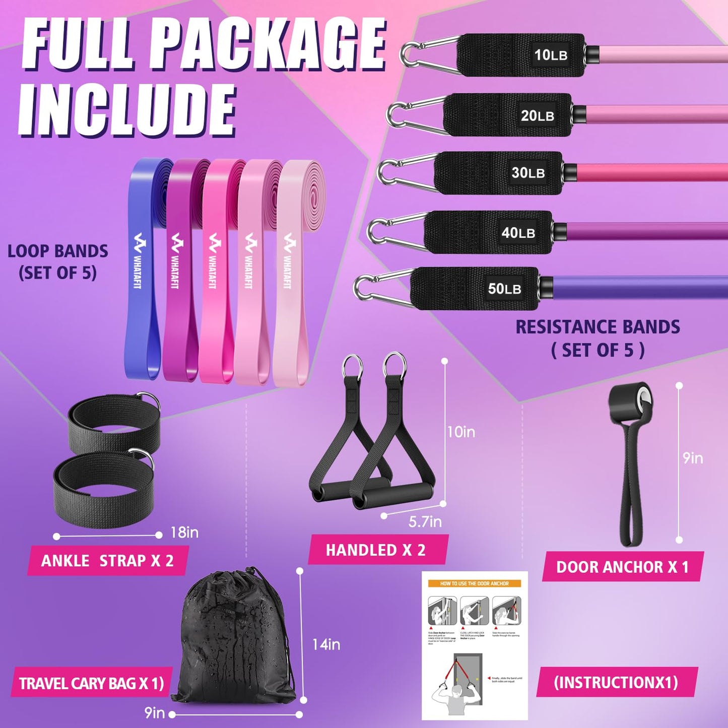 WHATAFIT Resistance Bands, Exercise Bands，Resistance Bands for Working Out, Work Out Bands with Handles for Men and Women Fitness, Strength Training Home Gym Equipment Pink Purple 16PCS