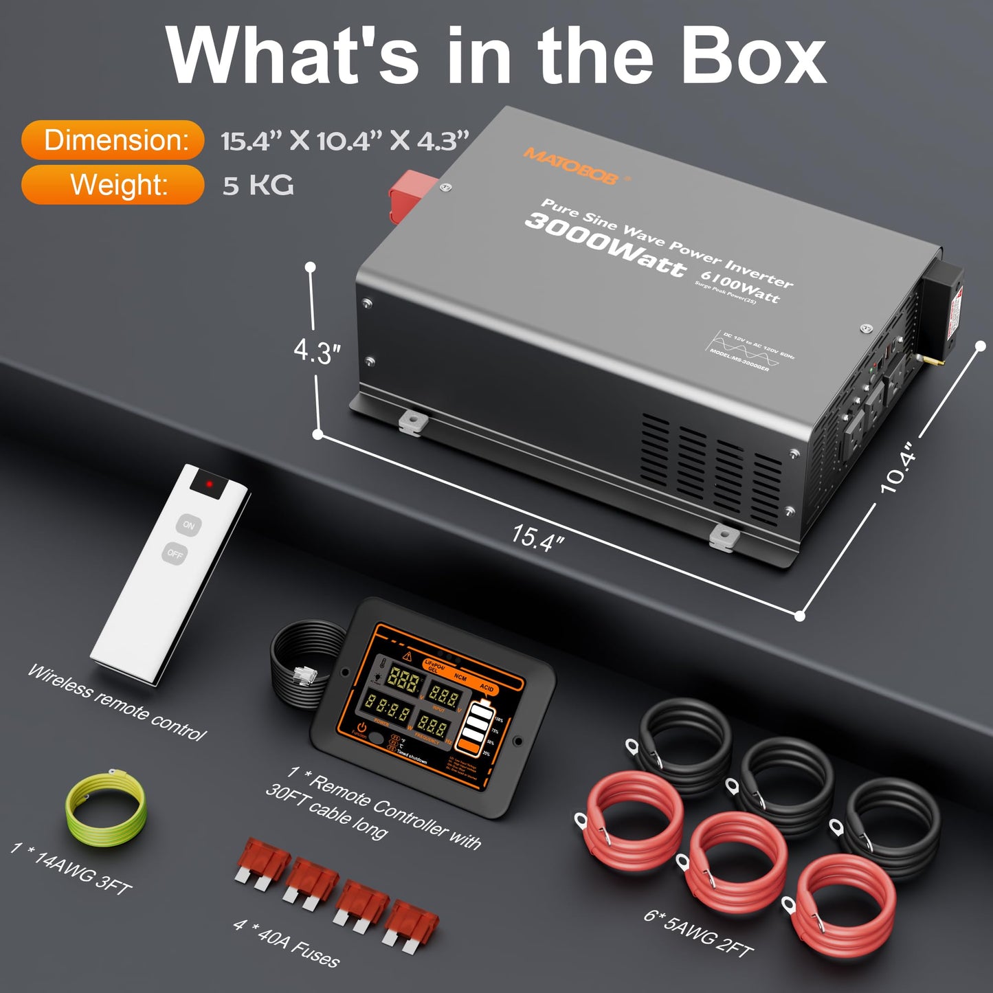 3000W Pure Sine Wave Inverter 12V DC to 120V AC for Solar, Off-Grid, RV, Truck, Home, Power Inverter with Three AC outlets, 20A Socket, 5V 2.1A USB, 30A Hardwire Port, Remote Controller 30Ft Cable