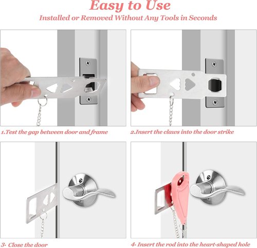 AceMining Portable Door Lock - Enhance Home Security & Privacy | Travel Lockdown for Hotels & Apartments - Pink (1 Pack)