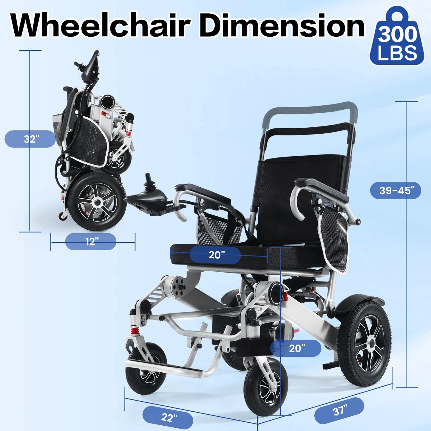 30+ Miles Range Electric Wheelchair for Adults Foldable, 20” Seat Width All Terrain Motorized Power Wheelchair Portable, 4mph 300 lbs Capacity 500W Power Airline Approved (2-Batteries Version)