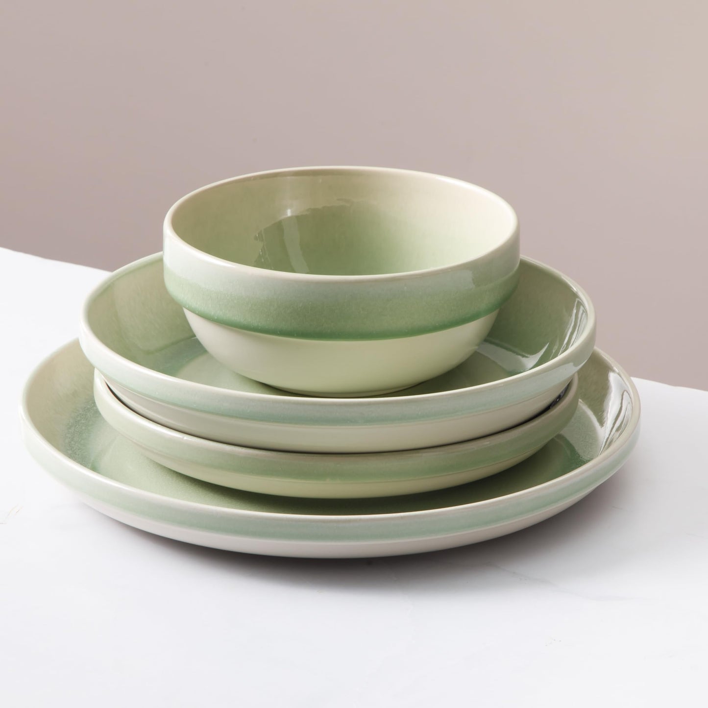 Sur La Table Kitchen Essentials Banquette 16 Piece Double Bowl Plates and Bowls Reactive Glaze Stoneware Dinnerware Set - Green