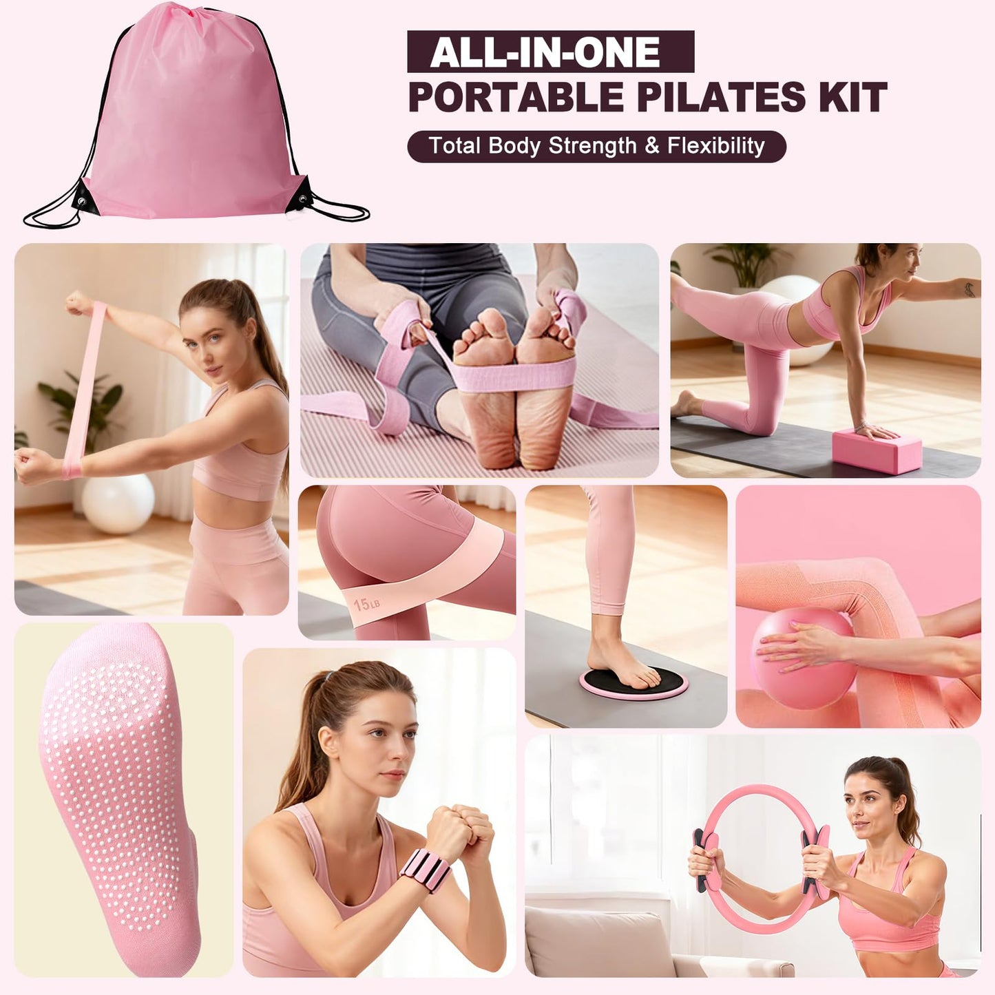 TSPFUI Pilates Kit, Home Pilates Workout Kit for Women, Pilates Equipment with Pilates Ring and Ball, Yoga Block & 5 Resistance Bands, Ankle Weights, Sliders & Grip Socks, Workout Guide Included