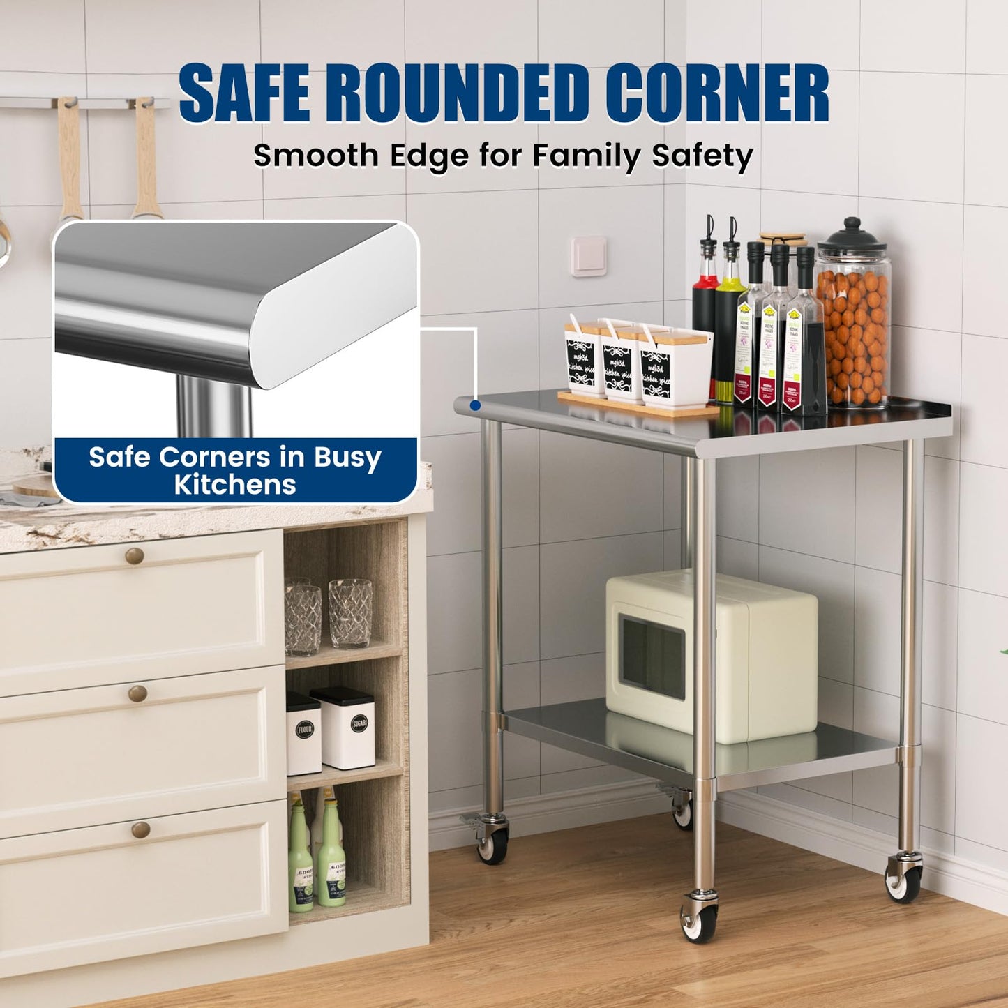Chingoo Stainless Steel Work Table with Wheels, 24x36 Inch NSF Food Prep Table with Backsplash & Adjustable Undershelves for Commercial Kitchen, Restaurant, Garage
