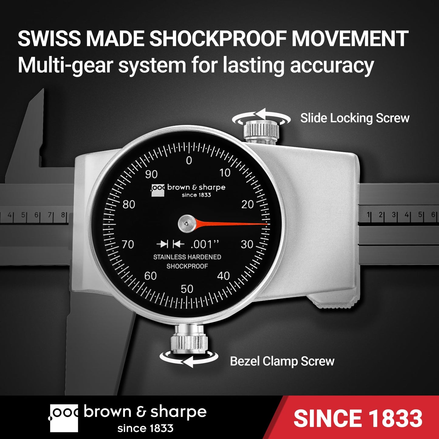 Brown & Sharpe 6" Dial Caliper, 0.001" Resolution, Shockproof Design, Locking Screw, Hardened Stainless Steel Jaws, Zinc-Aluminum Alloy Housing