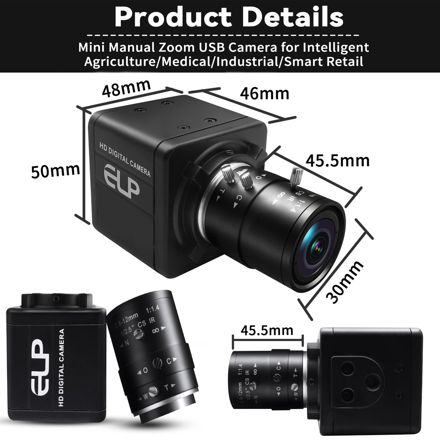 QILOVE Global Shutter USB Camera – 800P Monochrome Ultra High Speed 640fps[120/210/420fps Modes] – Manual Focus 2.8-12mm CS Lens – Compatible with Raspberry Pi, Linux, Mac & Windows