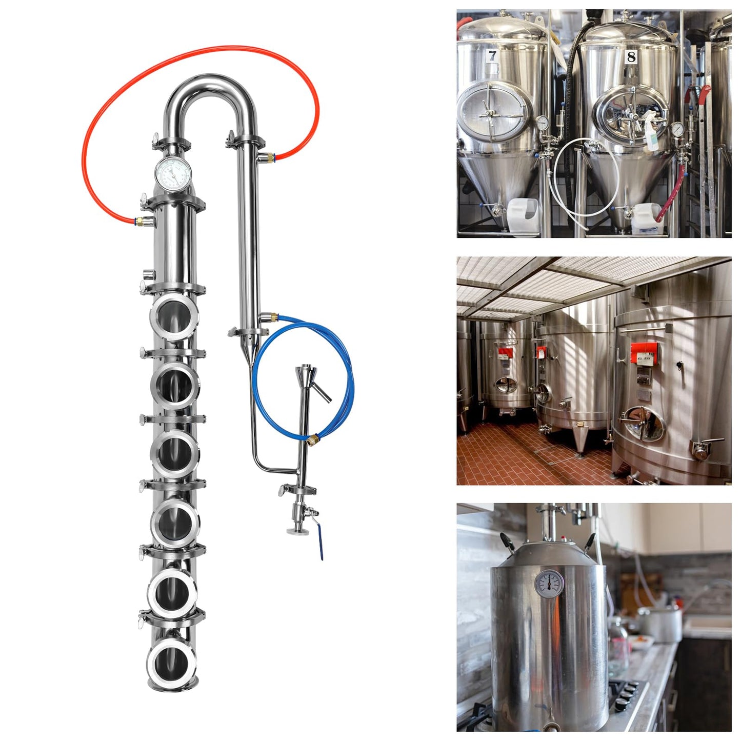 Alcohol Distillation Flute, Tubular Distillation Tower 304 Stainless Steel Alcohol Distiller Silver Flute Reflux Column Still for DIY Whisky Wine Brandy Gin 4" (6Layer55.7”H)