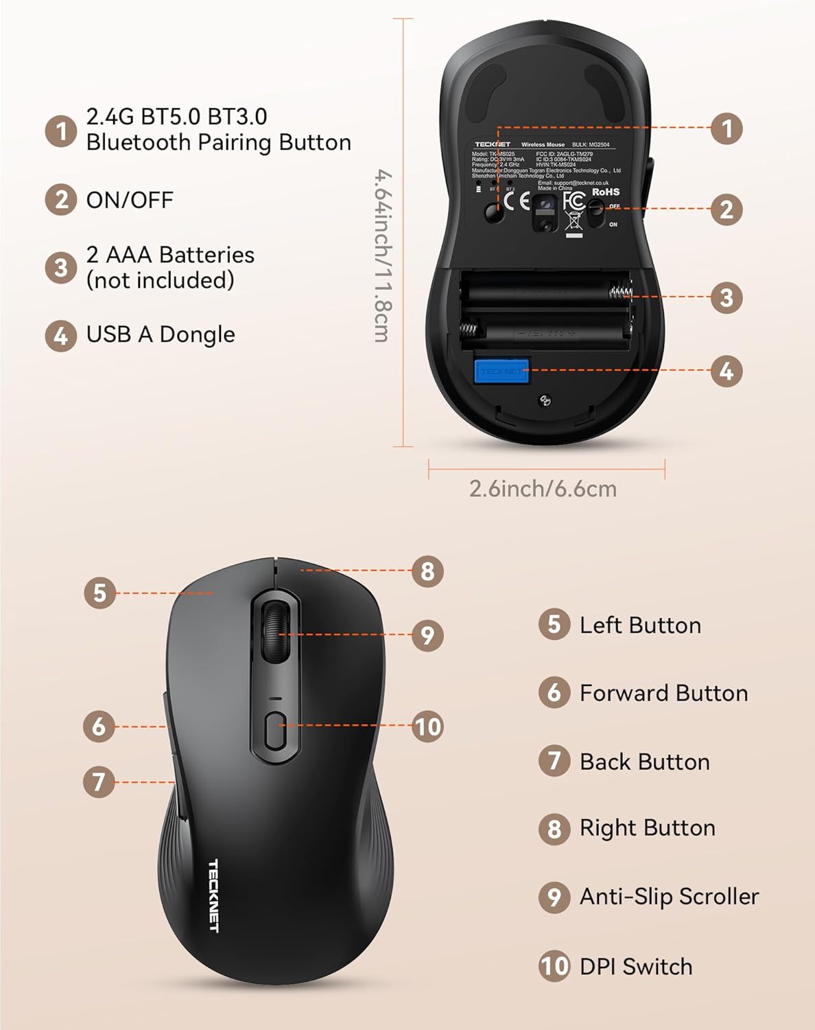 TECKNET BT1 BT2 4800 Bluetooth Mouse, [ USB + + ] Wireless Mouse for Laptop, Silent Click, Ergonomic Design, DPI