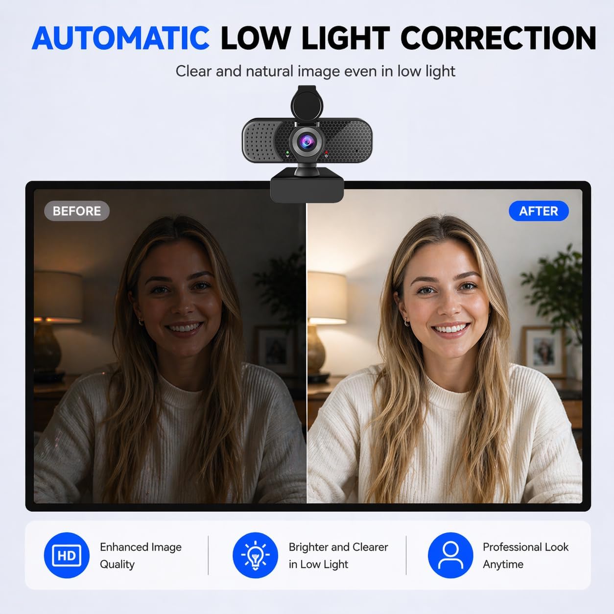 Kemeiv C26 1080P 105 Webcam with Microphone, USB Computer Camera with Privacy Cover, Noise Reducing Mic, Auto Light