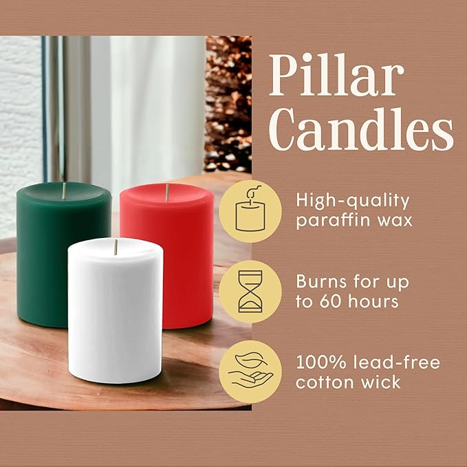 Mister Candle Dripless Unscented Pillar Candles, Set of 3 Hand Poured Solid Color Non-Scented Candles for Home Decor, Premium Wax, 60 Hr Burn Time - 3x4 Inch, Red - Green -White