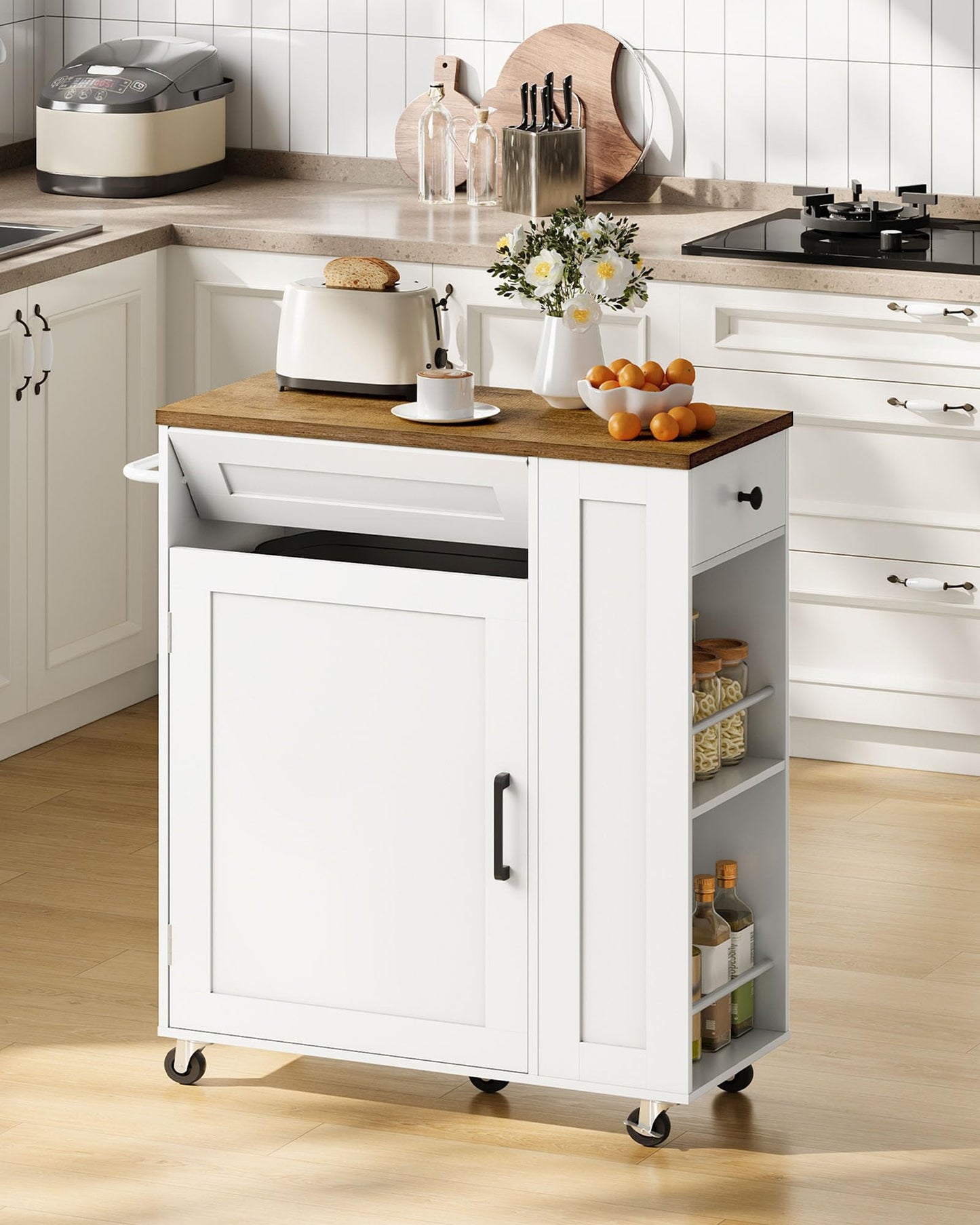 CHOEZON Kitchen Island Cart with Storage, Kitchen Cabinet, Mobile Kitchen Island, Storage Trolley for Kitchen with Hidden Trash Bin Cabinet, for Dining Room, White and Walnut MZD06WL