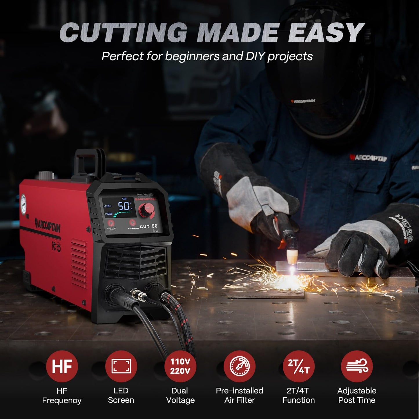ARCCAPTAIN 50Amps Plasma Cutter and Intelligent Auto-Shade Welding Helmet