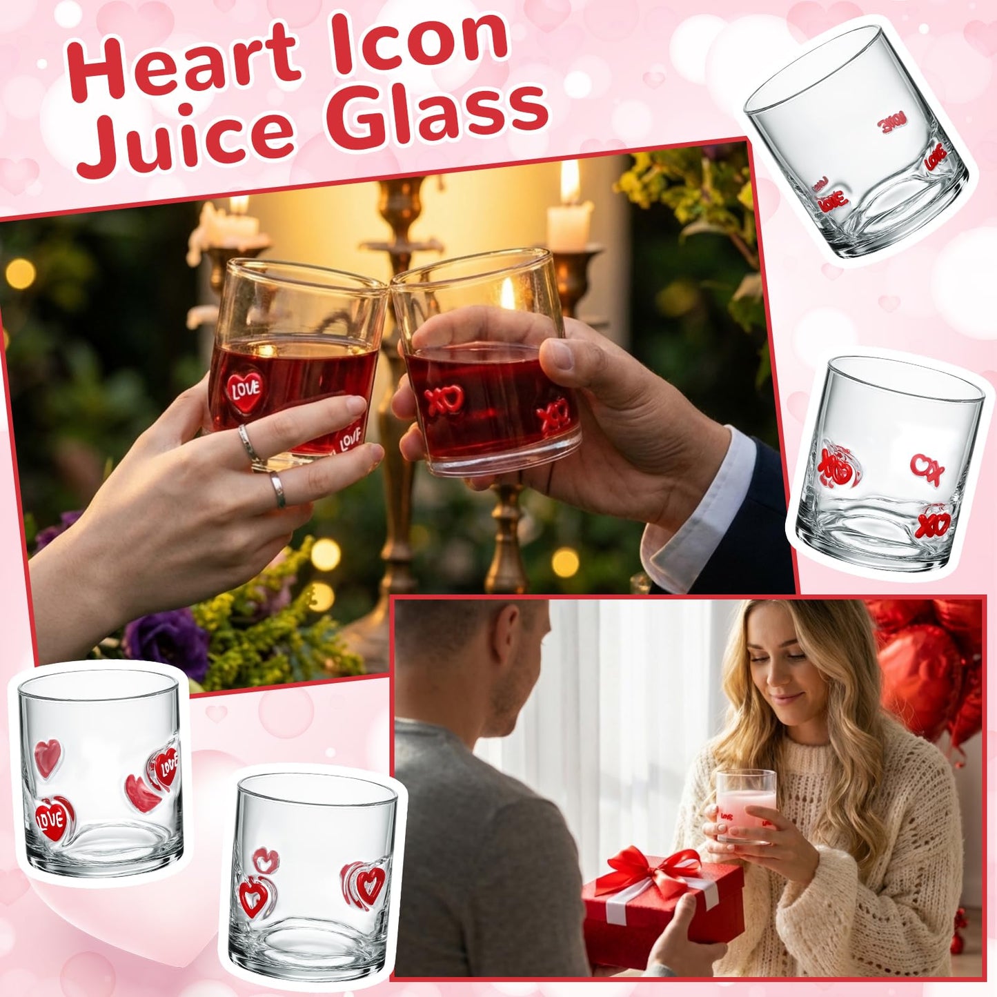 Skylety 8 Pcs Valentines Day Icons Juice Glasses Heart Love Drinking Cups Old Fashioned Stemless Wine Glasses 13.5 oz Whiskey Cocktail Coffee Mugs for Galentines Party Gift Decor
