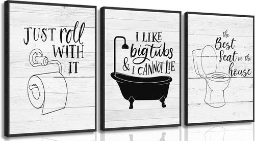 3Pcs Minimalist Bathroom Wall Art - Funny Quotes Prints for Toilet & Bathtub | Unframed 12x16in