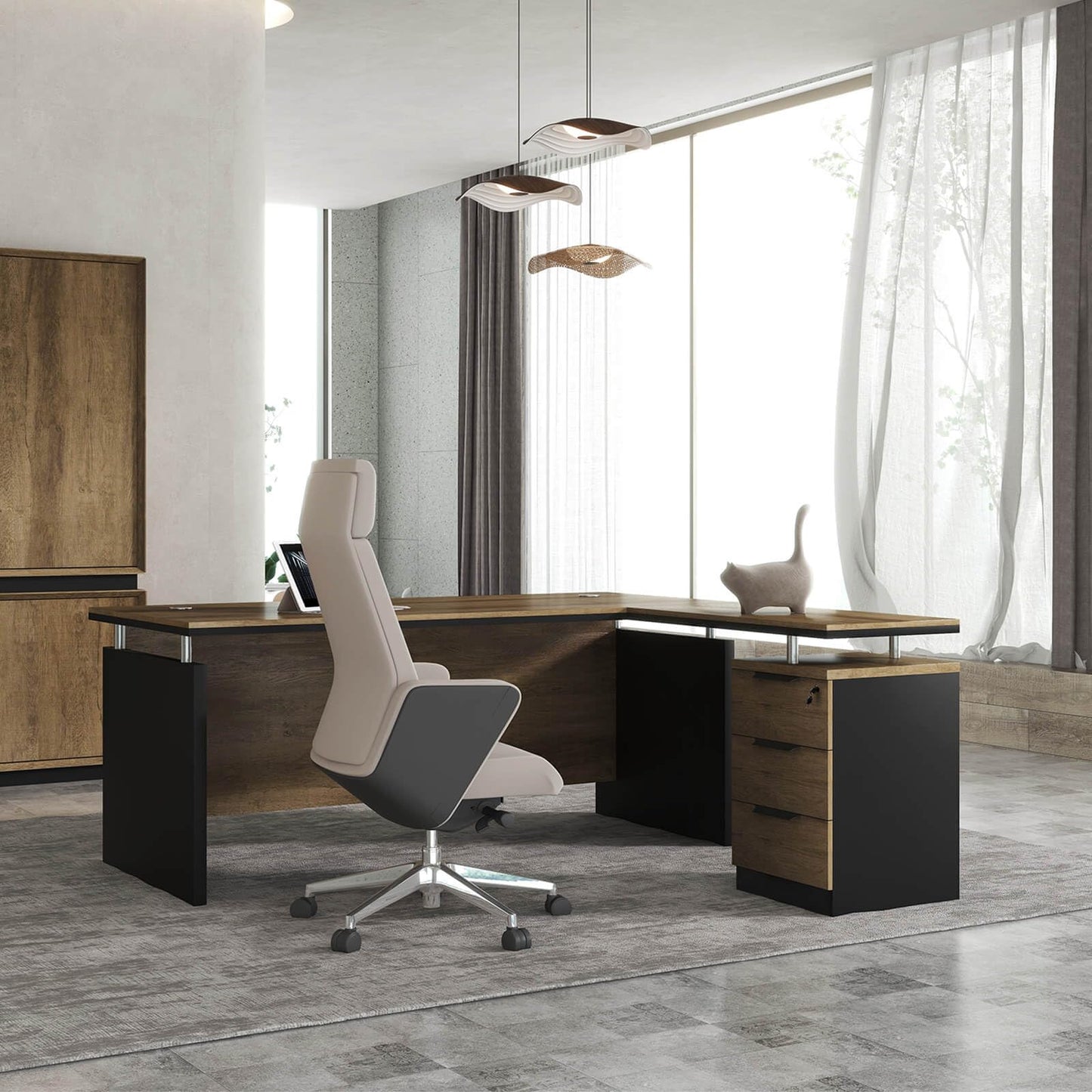 63 Inch L-Shaped Executive Desk Set of 4, Industrial Modern Wood Office Desk with 3 Drawers, Built-in Cable Management & Power Outlet, Real Wood Finish, Reversible Left/Right Return Home Workstation