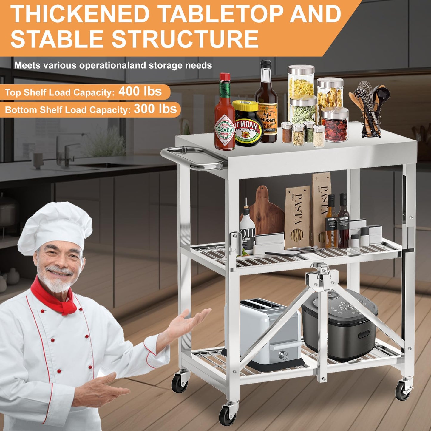 Stainless Steel Foldable Rolling Kitchen Cart with 3-Tier Shelves, 300LB Capacity, Wheels & Foldable Design, Top Worktable for Food Prep, Ideal for Kitchen, Restaurant, Warehouse, Outdoor & Hotel Use
