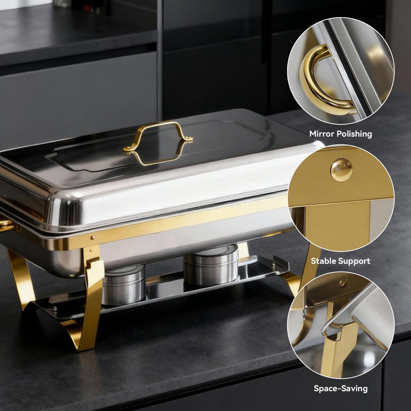 9Qt Chafing Dishes for Buffet, Gold Stainless Steel Chafing Dish Sets, Food Warmers for Parties, Buffet Servers and Warmers, Warming Trays for Buffets Party, Catering Supplies Buffet Display, 4 Pack