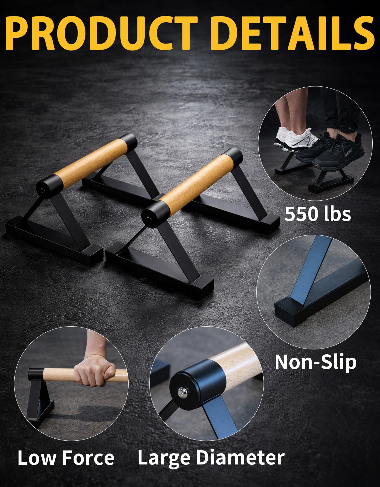 Fit4Fun Wood Push Up Bar Set, 2PCS Non-Slip Handstand Bars, Parallettes Bars for Calisthenics and Push-Up Workouts, Solid Wood Grip with Metal Frame, Supports 550 LBS