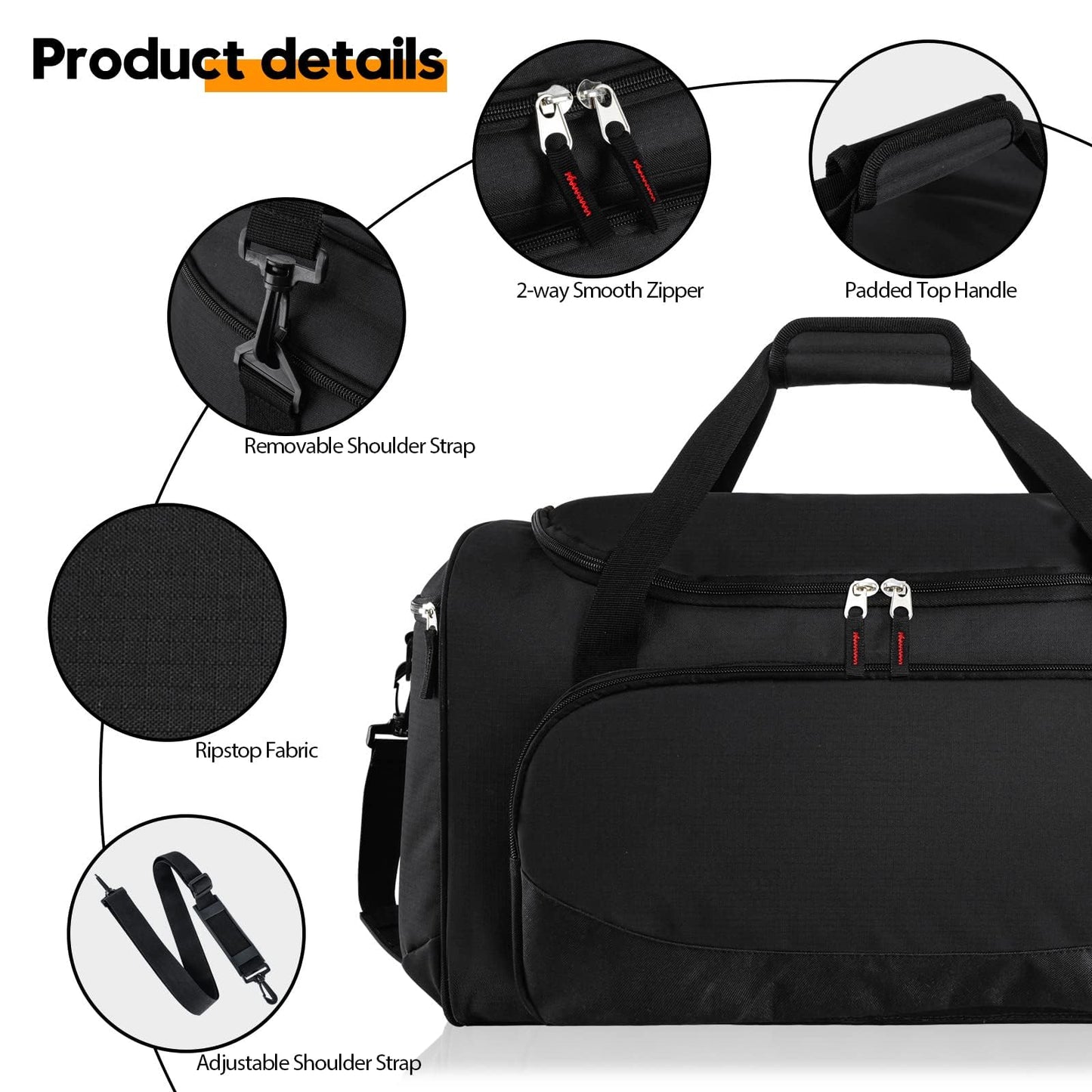 Uarition Gym Bag for Men - 50L Black Durable Large Duffle Bag for Travel, Workout, Fitness & Sport