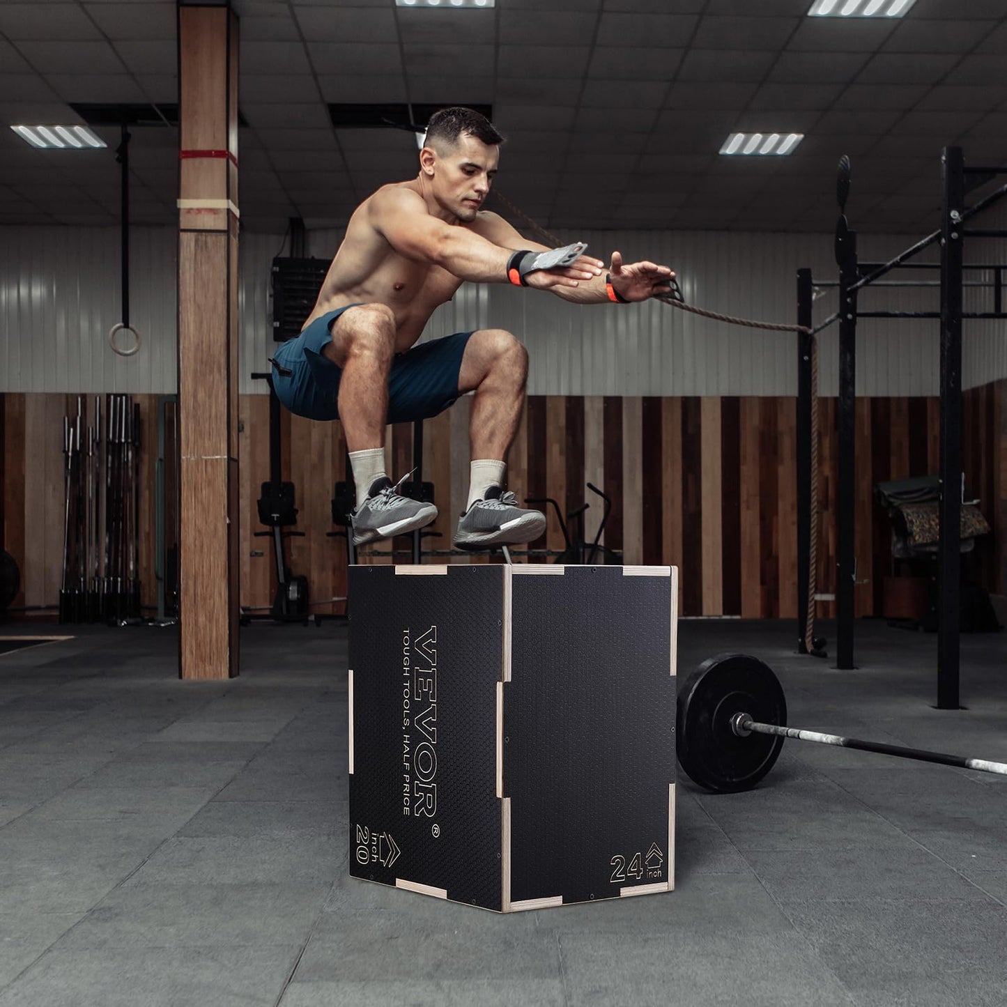 VEVOR 3 in 1 Plyometric Jump Box, Easy-to-Assemble Wood Plyo Box for Jumping Trainers, Home Gym Training and Conditioning, 24" x 20" x 16"
