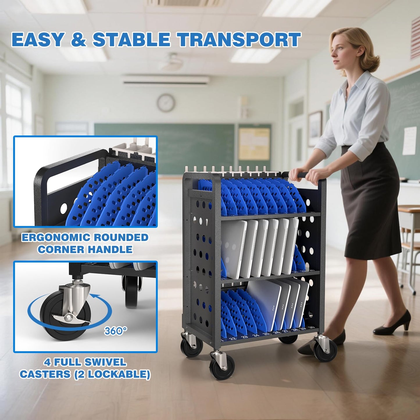 POCHAR 30 Devices Open Laptop Charging Cart for iPads, Tablets - Laptop & Tablet Storage Carts for Classroom, Office - Chromebook Charging Station Cart with Cable Management & Surge Protection